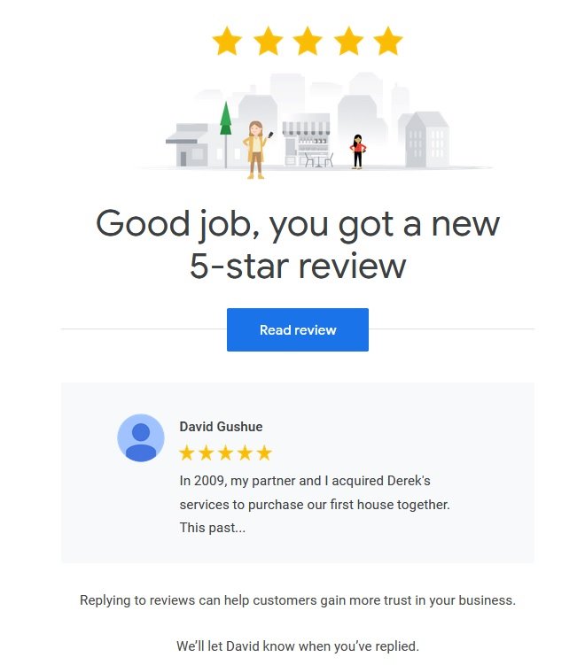 google review for Derek Hulewicz real estate services